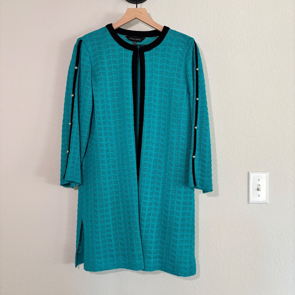 Ming Wang Cardigan Open Knit Split Sleeve M Acrylic Blend Teal Career Chic